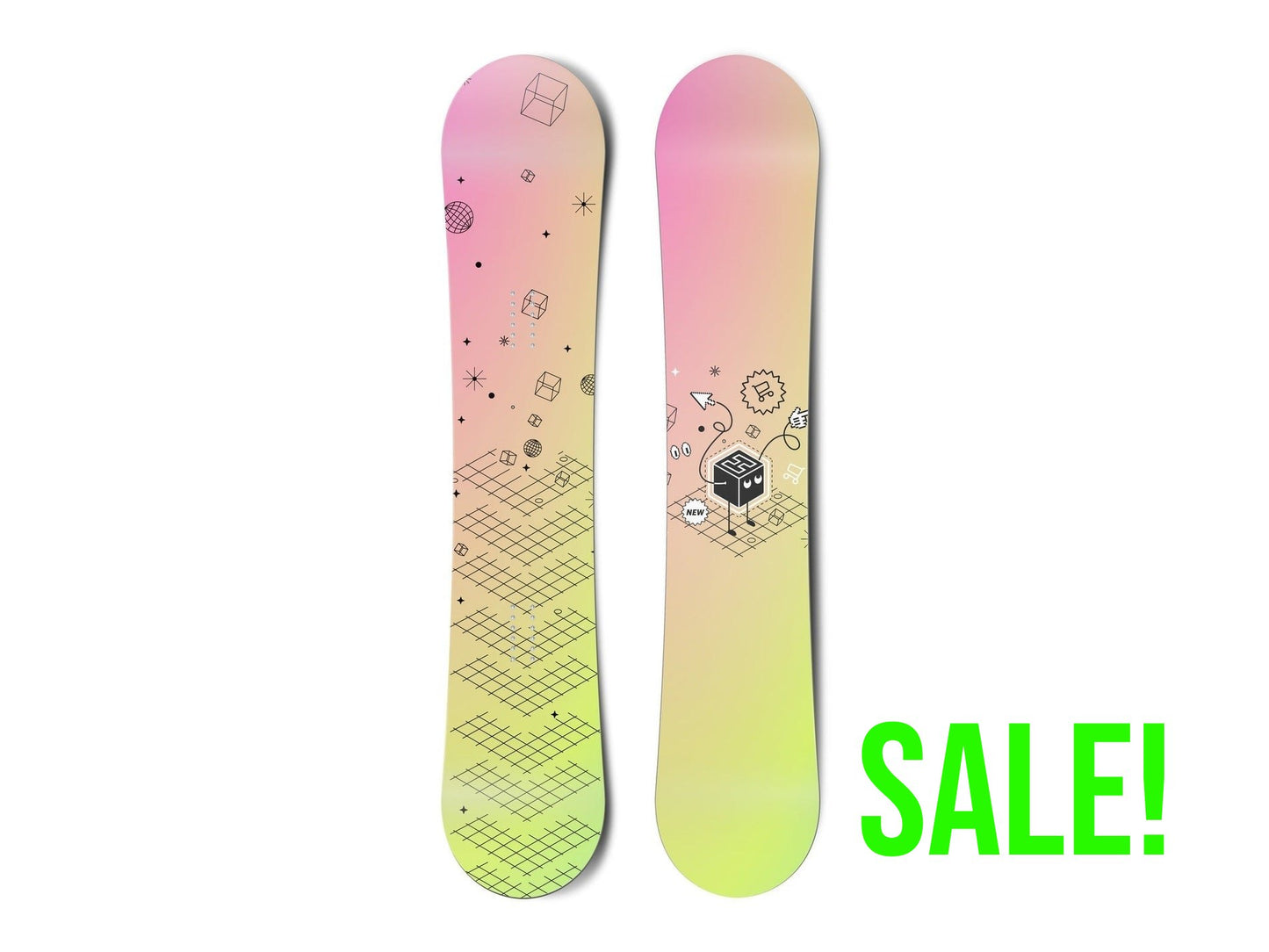 Top and bottom view of a snowboard. The top view shows an illustration with varied outlined shapes
in black. The bottom view shows a black box character with an H pointing, and surrounded by black outlined
illustrative elements.