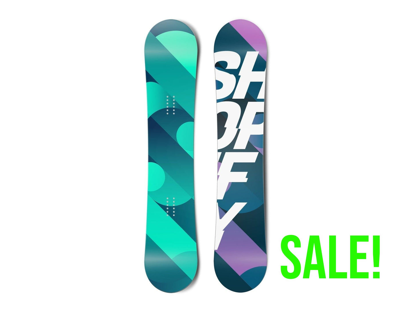 Top and bottom view of a snowboard. The top view shows abstract circles and lines in shades of
teal. The bottom view shows abstract circles and lines in shades of purple and blue with the text “SHOPIFY”
in a sans serif typeface on top.