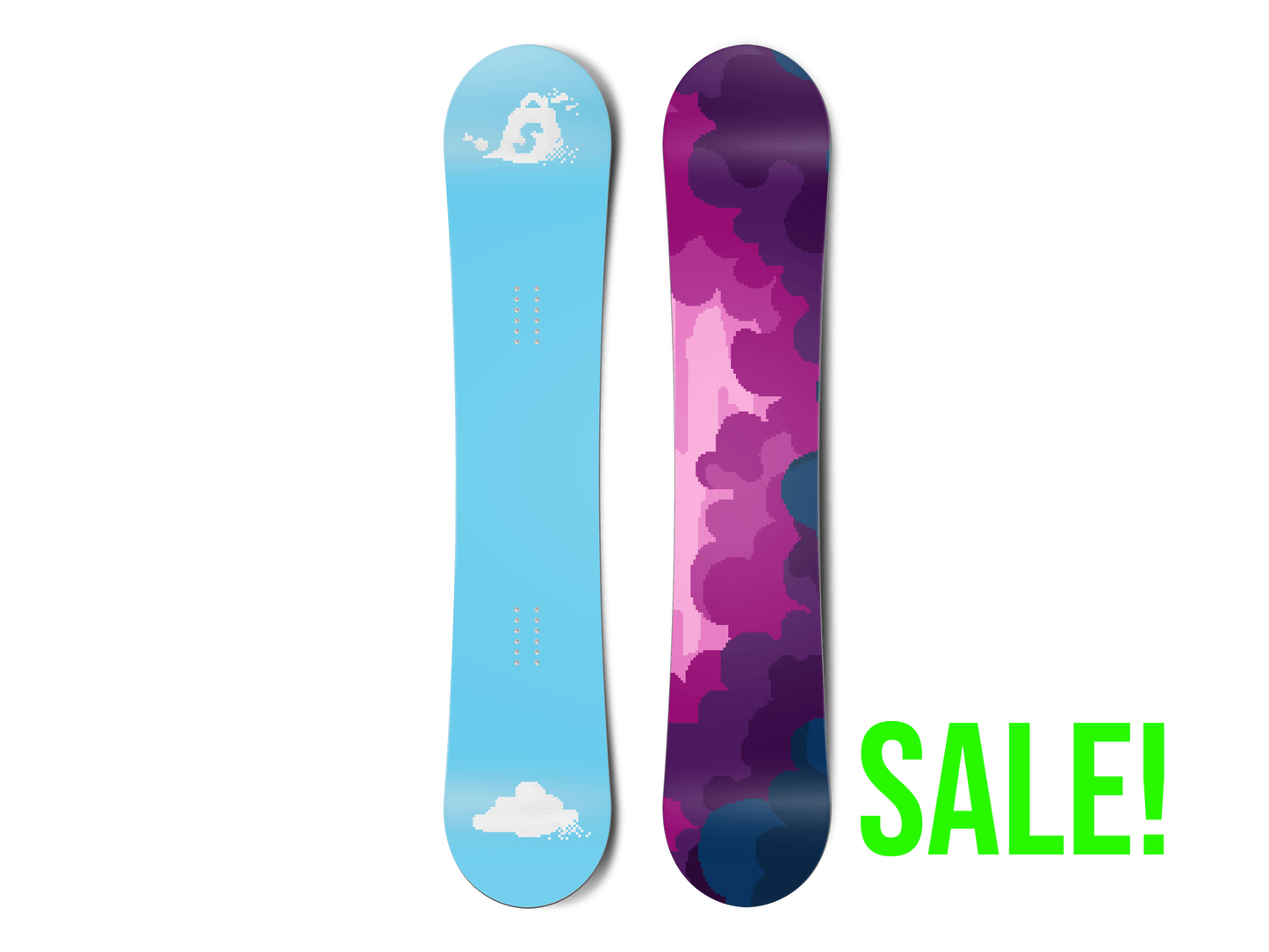 Top and bottom view of a snowboard. The top view shows pixelated clouds, with the top-most one being
the shape of the Shopify bag logo. The bottom view has a pixelated cloudy sky with blue, pink and purple
colours.