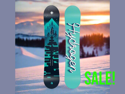 The Videographer Snowboard by Shredqueen — teal twin boards with mountain graphic on snowy sunset slope, SALE