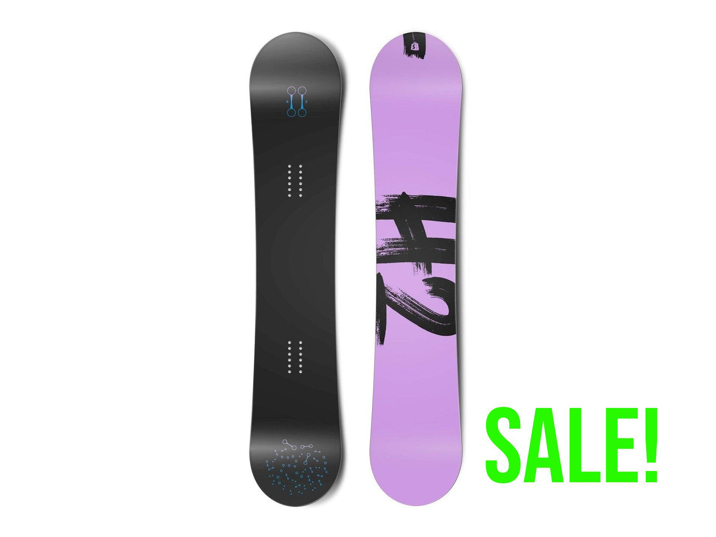 Top and bottom view of a snowboard. The top view shows stylized hydrogen bonds and the bottom view
        shows “H2” in a brush script typeface.