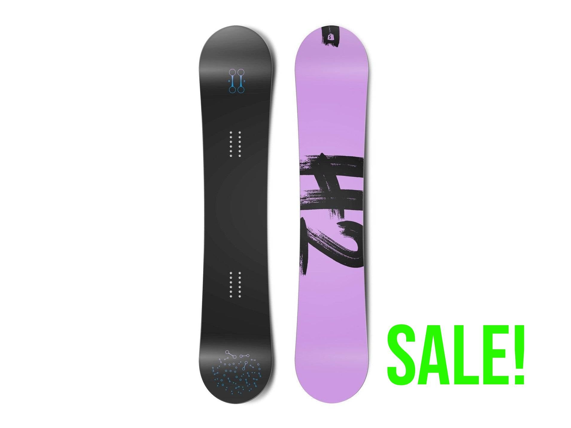 Top and bottom view of a snowboard. The top view shows stylized hydrogen bonds and the bottom view
        shows “H2” in a brush script typeface.