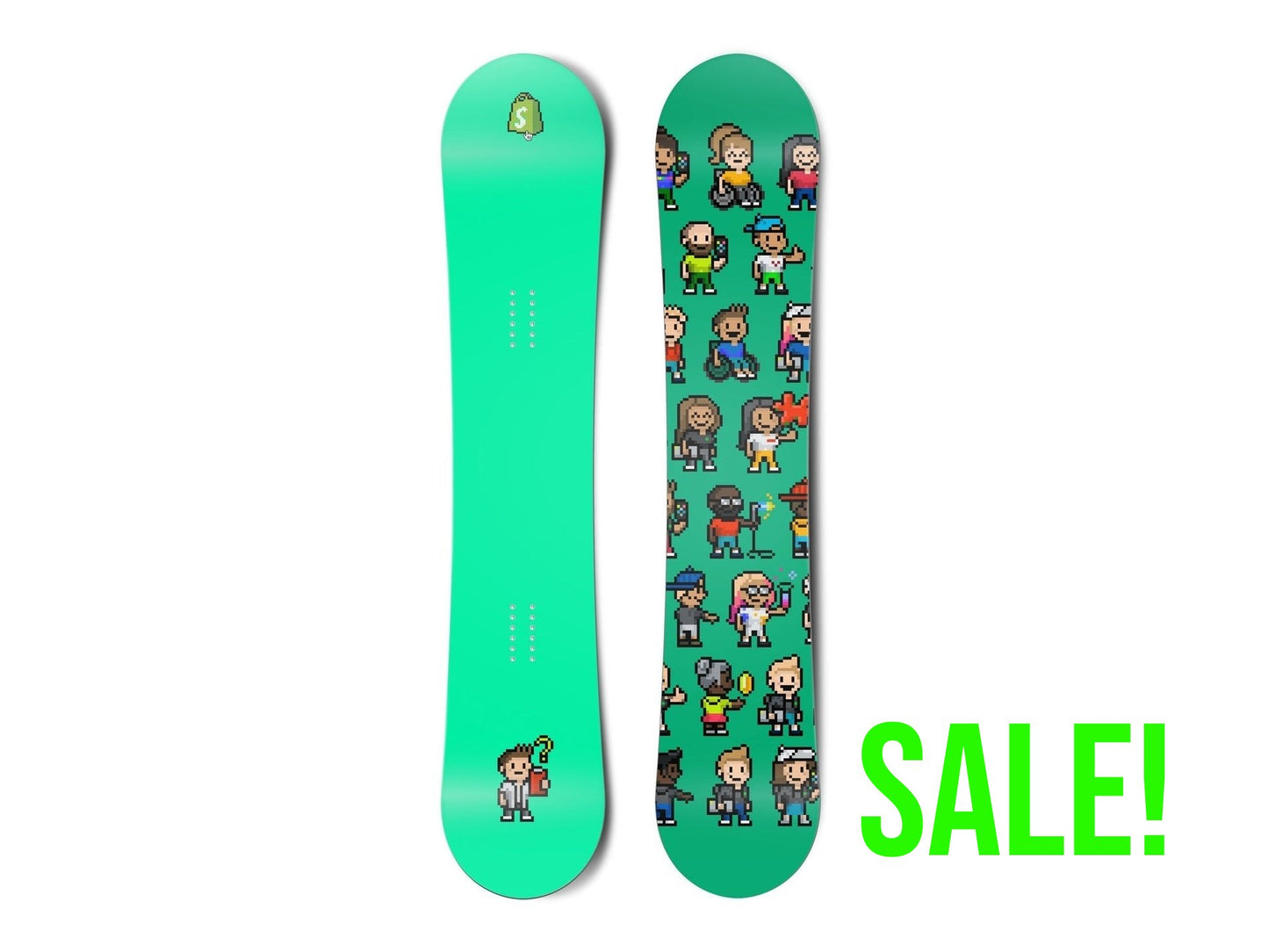 Top and bottom view of a snowboard. The top view shows a pixelated Shopify bag logo and a
        pixelated character reviewing a clipboard with a questioning expression with a bright green-blue background.
        The bottom view is a pattern of many pixel characters with a bright green-blue background.