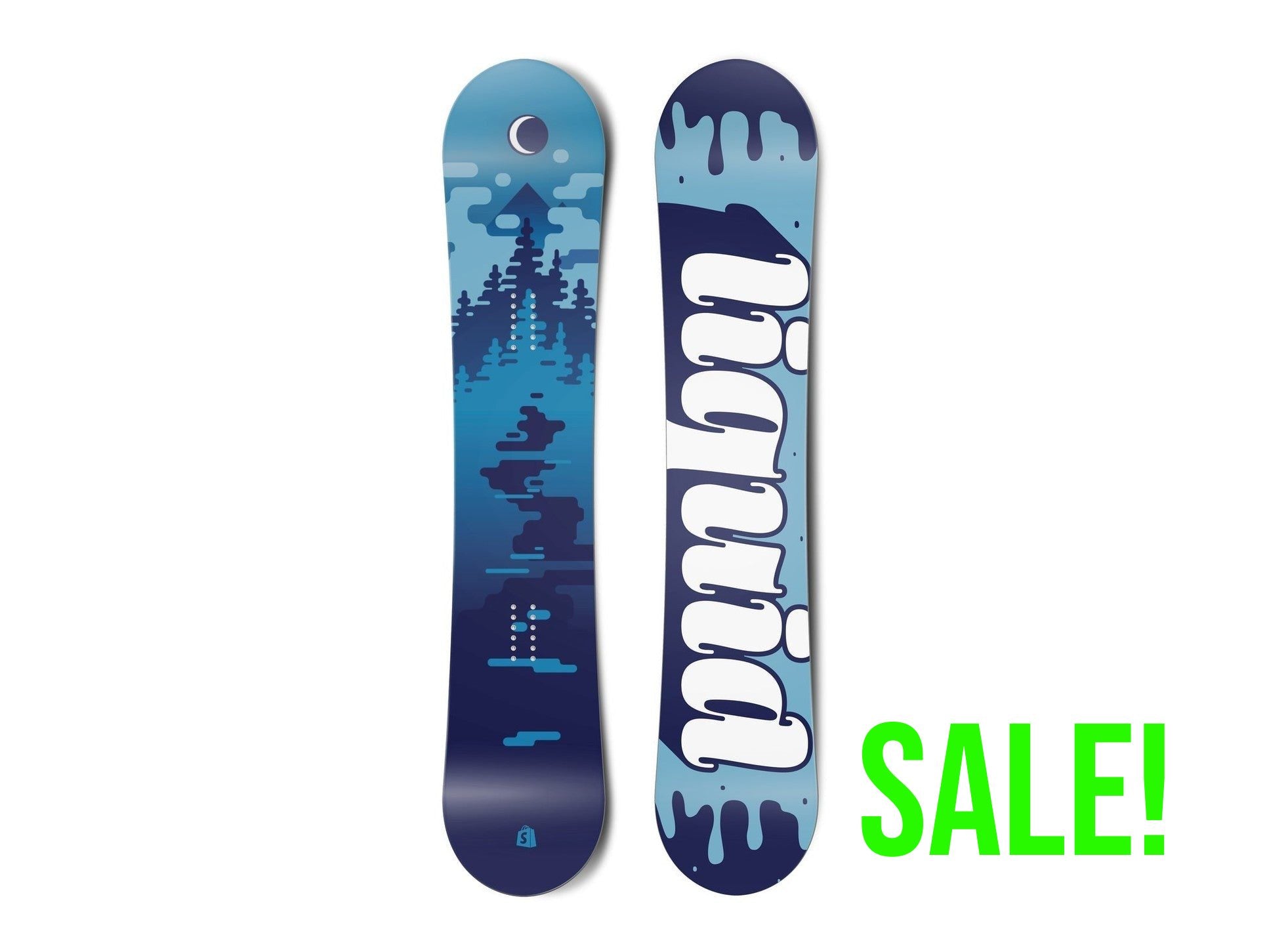 Top and bottom view of a snowboard. The top view shows a stylized scene of water, trees, mountains,
        sky and a moon in blue colours. The bottom view has a blue liquid, drippy background with the text “liquid” in
        a stylized script typeface.