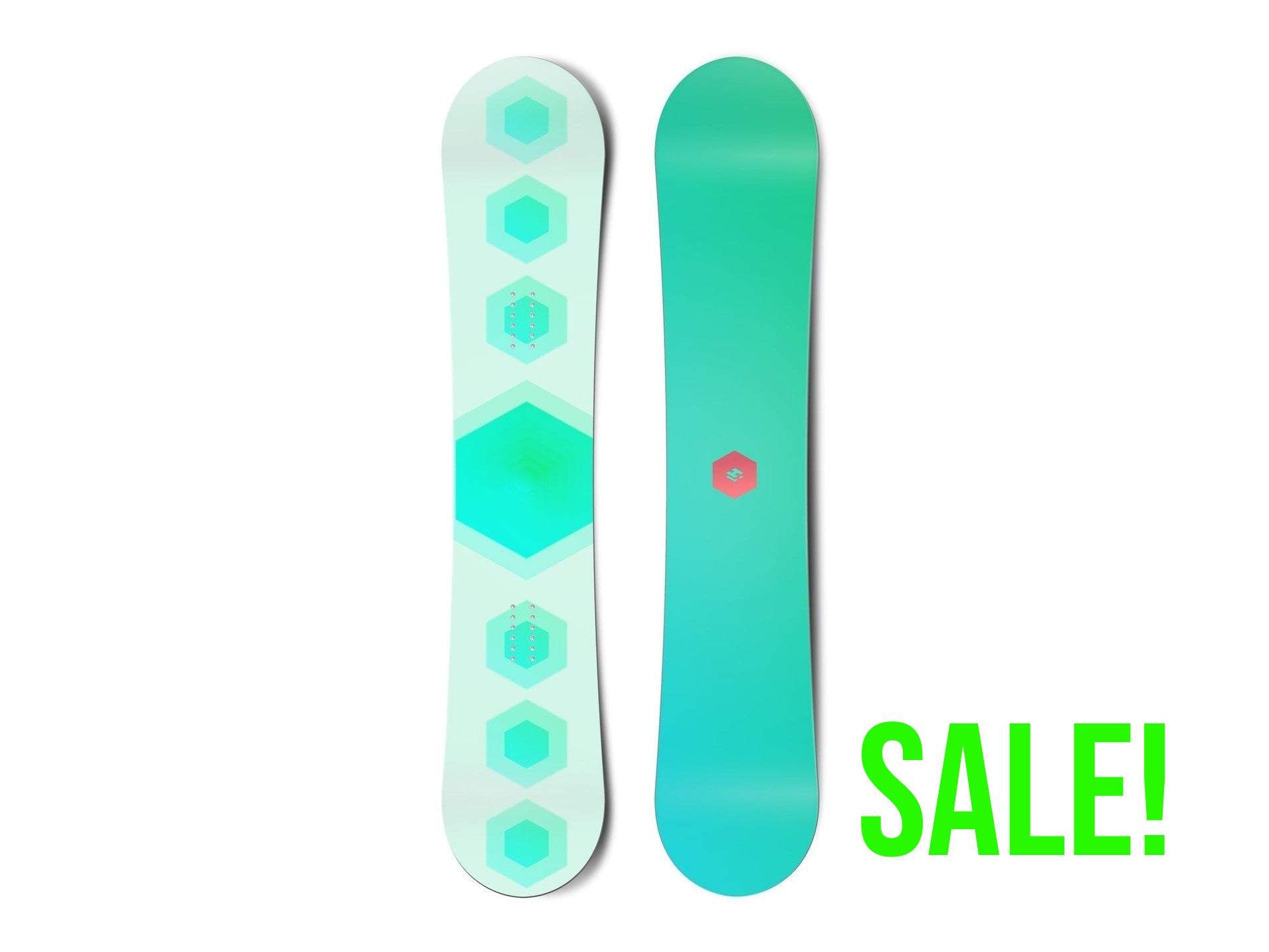 Top and bottom view of a snowboard. The top view shows 7 stacked hexagons and the bottom view
          shows a small, centred hexagonal logo for Hydrogen.