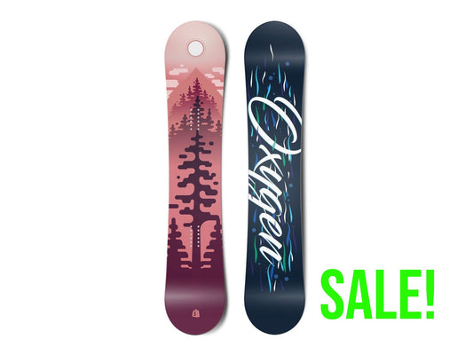 Top and bottom view of a snowboard. The top view shows a stylized scene of trees, mountains, sky and
        a sun in red colours. The bottom view has blue wavy lines in the background with the text “Oxygen” in a
        stylized script typeface.