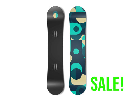 Top and bottom view of a snowboard. The top view shows a toggle at the top in shades of blue and
        yellow. The bottom view shows an abstract illustration of toggles in blues and yellows.