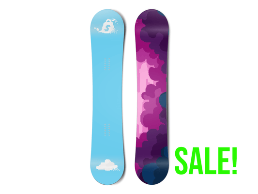 Top and bottom view of a snowboard. The top view shows pixelated clouds, with the top-most one being
        the shape of the Shopify bag logo. The bottom view has a pixelated cloudy sky with blue, pink and purple
        colours.